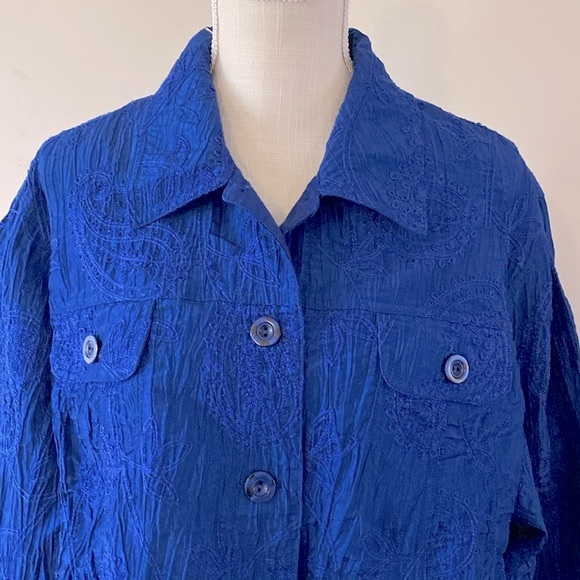 Coldwater Creek will men’s blue crinkle taffeta embroidered jacket button up - Picture 3 of 13